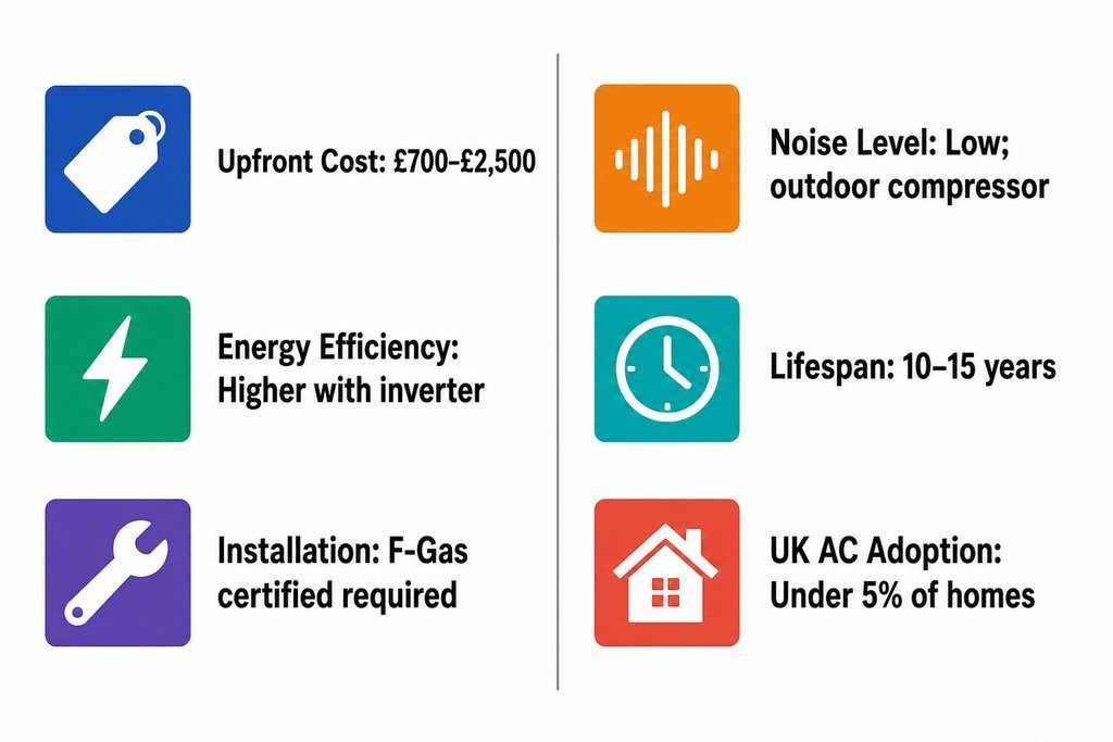 Infographic comparing wall mounted air conditioners vs portable units across cost, noise, efficiency, and installation.