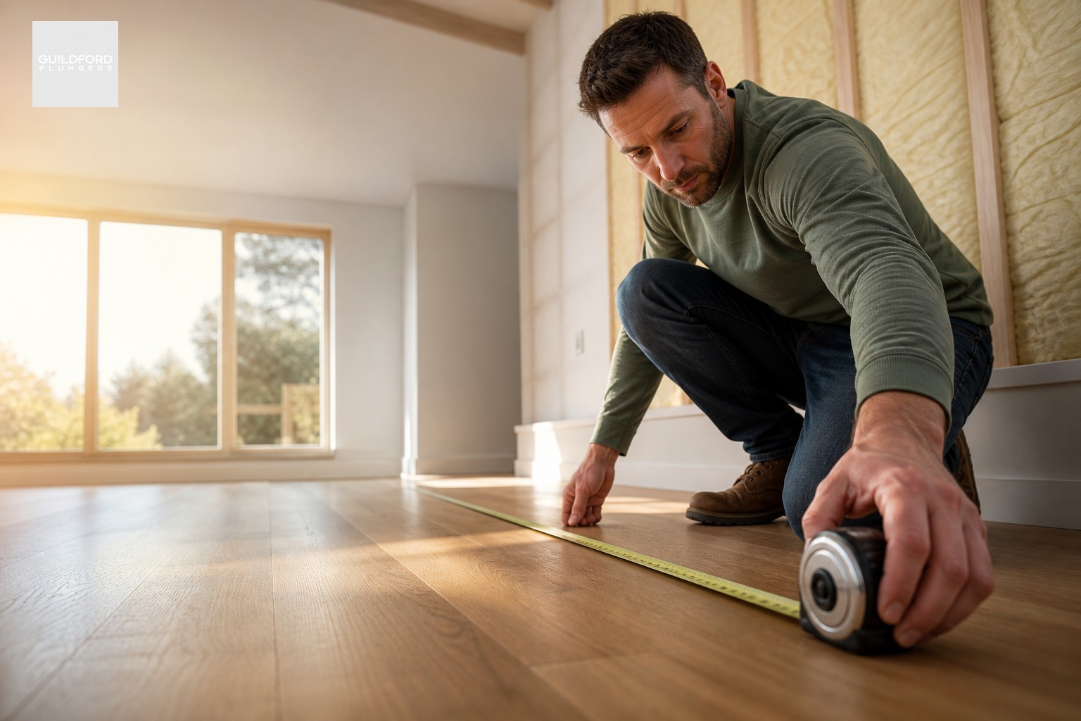 Homeowner measuring room floor area with steel tape to calculate correct air conditioner BTU size