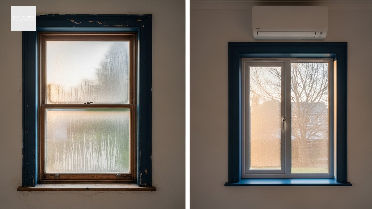 Side-by-side comparison of single-glazed and double-glazed windows in a Guildford home affecting AC sizing