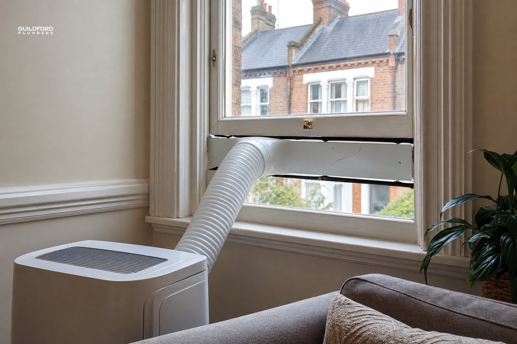 Portable AC exhaust hose awkwardly fitted against a sash window frame in a Victorian terraced home interior