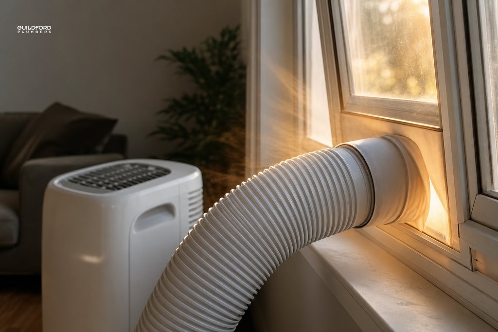Portable air conditioner exhaust hose routed through window with visible gap allowing warm air back in