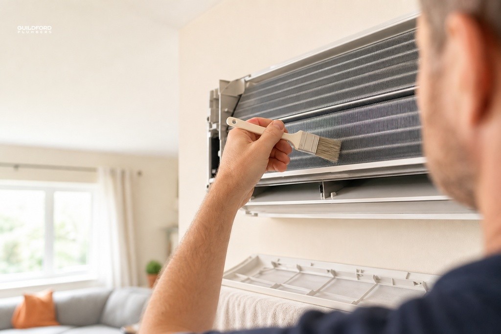 Homeowner using soft brush to clean evaporator coil fins on a wall-mounted air conditioning unit