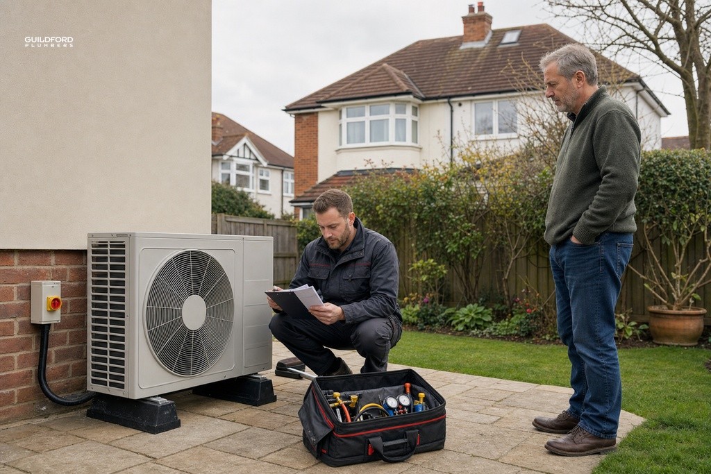 Certified aircon engineer reviewing job clipboard beside outdoor condenser unit at a Guildford home