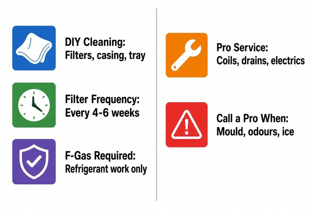 Infographic comparing DIY air conditioner cleaning tasks against professional service tasks for home AC units.