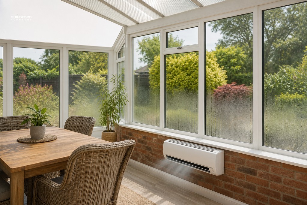 Wall mounted air conditioning unit installed in a glazed British conservatory on a warm summer day