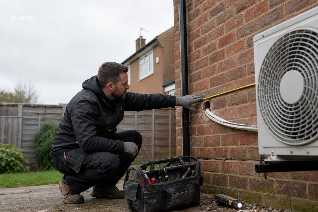 Installer assessing exterior brick wall and pipework route before wall mounted AC unit installation