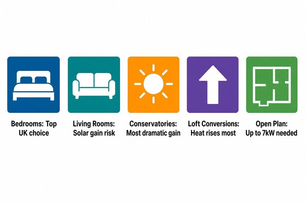 Key rooms suited to wall mounted air conditioning: bedrooms, living rooms, conservatories, loft conversions, and open plan sp