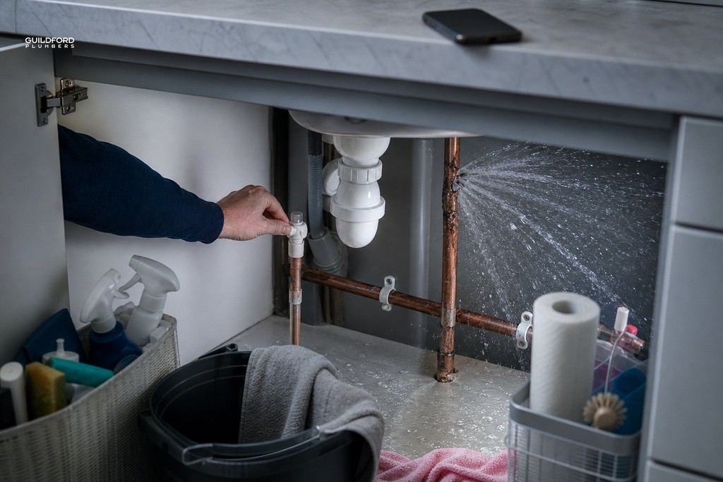 Homeowner reaching for stopcock under kitchen sink during burst pipe emergency, water spraying from copper pipe