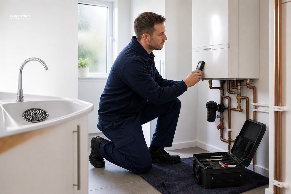 Plumber servicing wall-mounted combination boiler during annual maintenance check in a Guildford home utility room