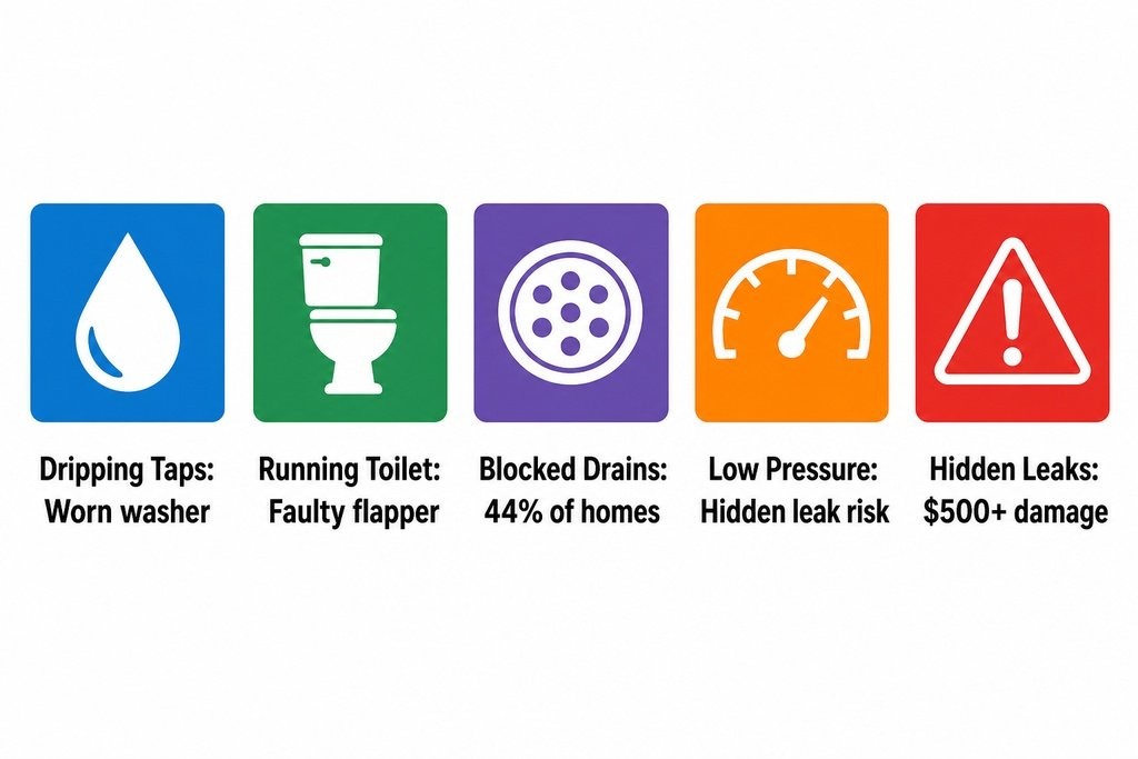 Five common home plumbing problems: dripping taps, running toilets, blocked drains, low pressure, and hidden leaks.