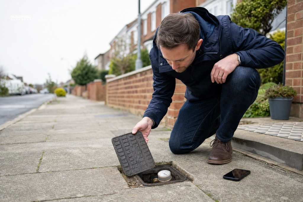 Homeowner checking water meter under pavement cover to perform a home leak test in Guildford