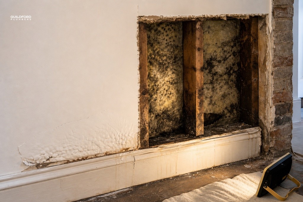Water-damaged wall cavity in older UK property showing mould, damp timber and warped skirting from hidden leak