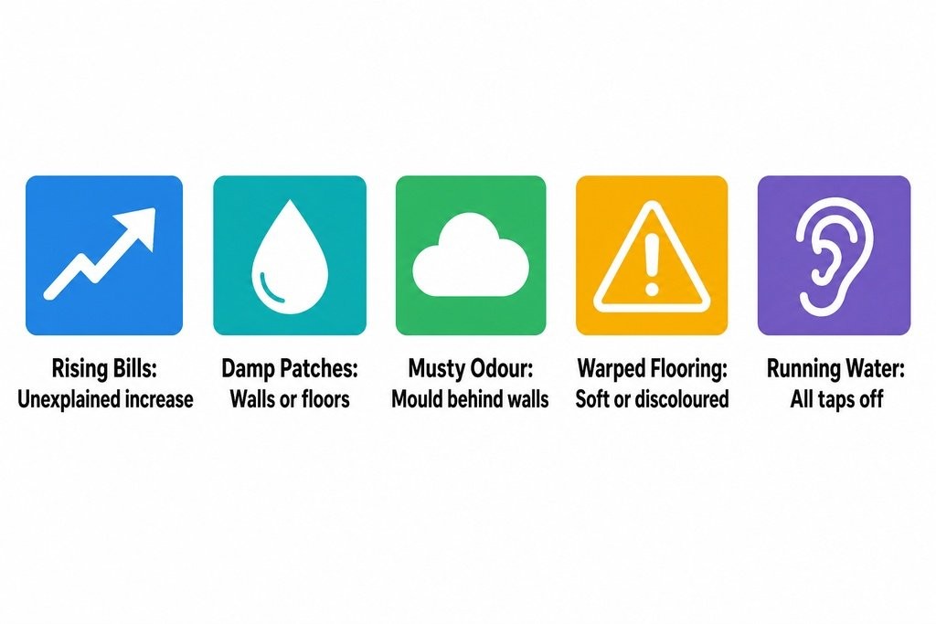 Five early signs of a hidden water leak: rising bills, damp patches, musty smell, warped flooring, and running water sounds.