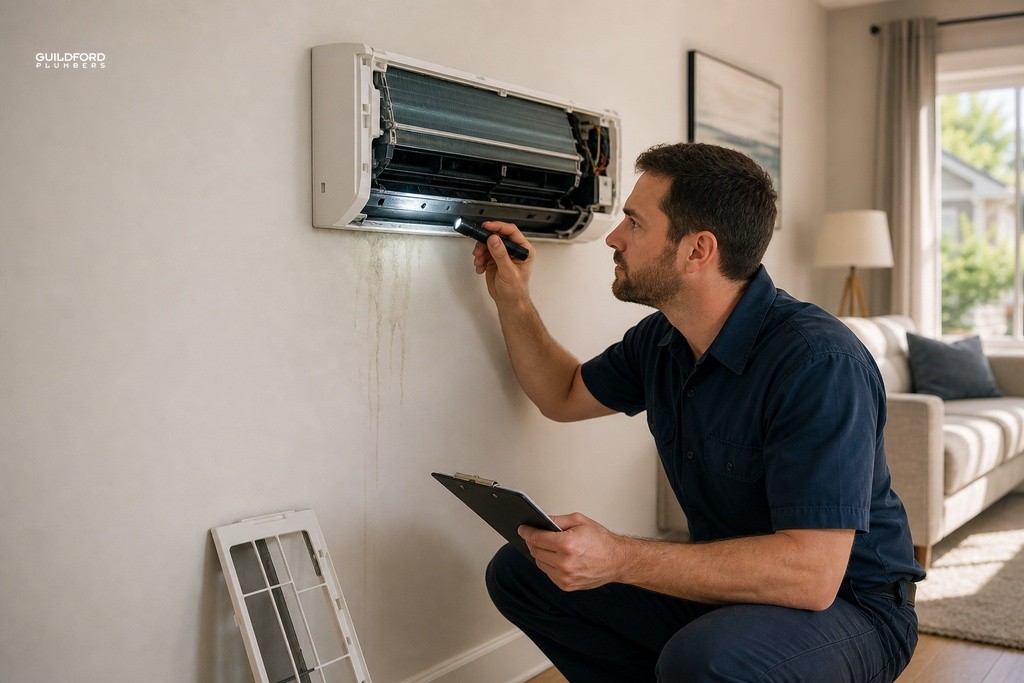 HVAC engineer inspecting open wall-mounted AC unit interior with torch, checking drainage and leak signs