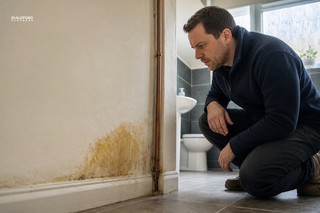 Homeowner inspecting damp patch near copper pipe on bathroom wall in Guildford home