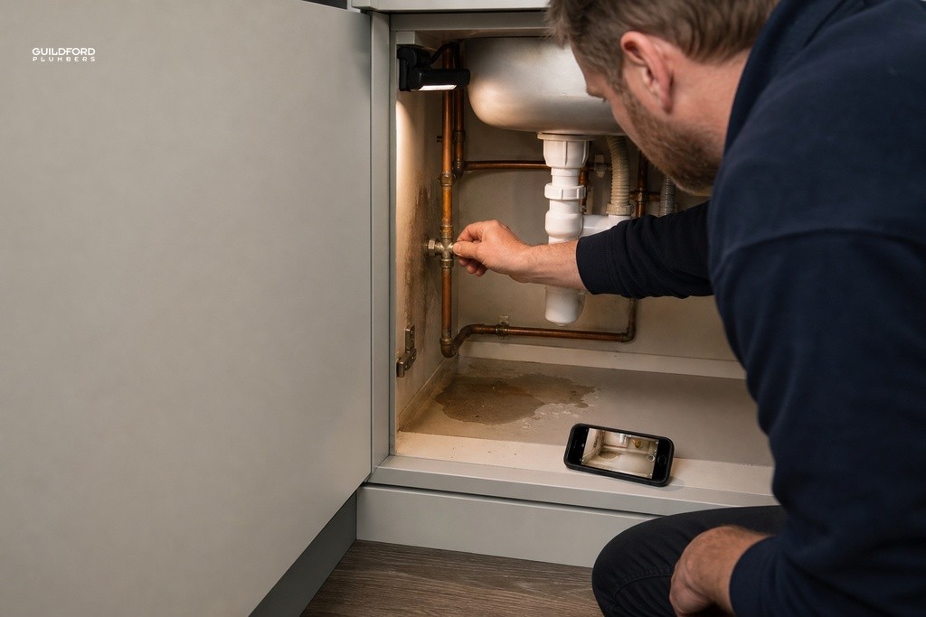 Homeowner turning isolation valve under kitchen sink to stop water leak before plumber arrives