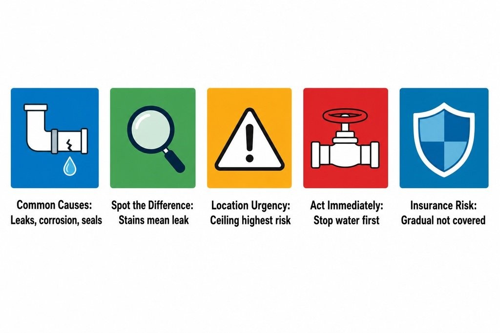Key facts on damp patches near pipes: common causes, condensation vs leak signs, location urgency, and when to act.